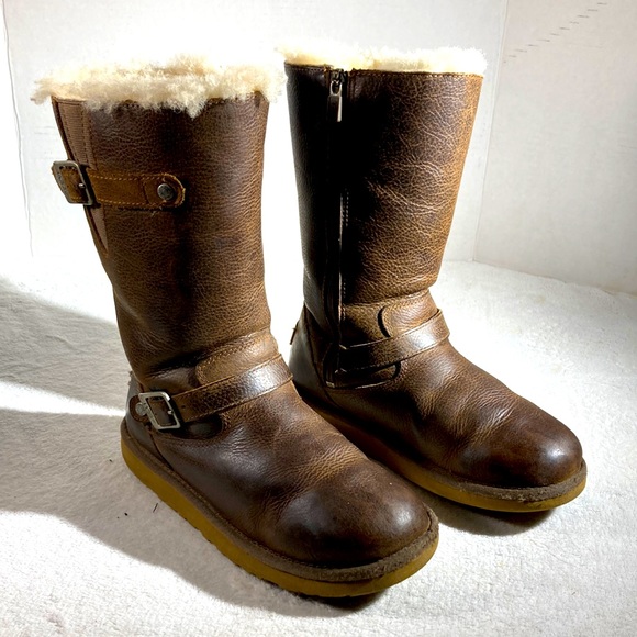 Ugg Australia Brown Leather Kensington Toast Colored Kids Boots - Picture 1 of 7
